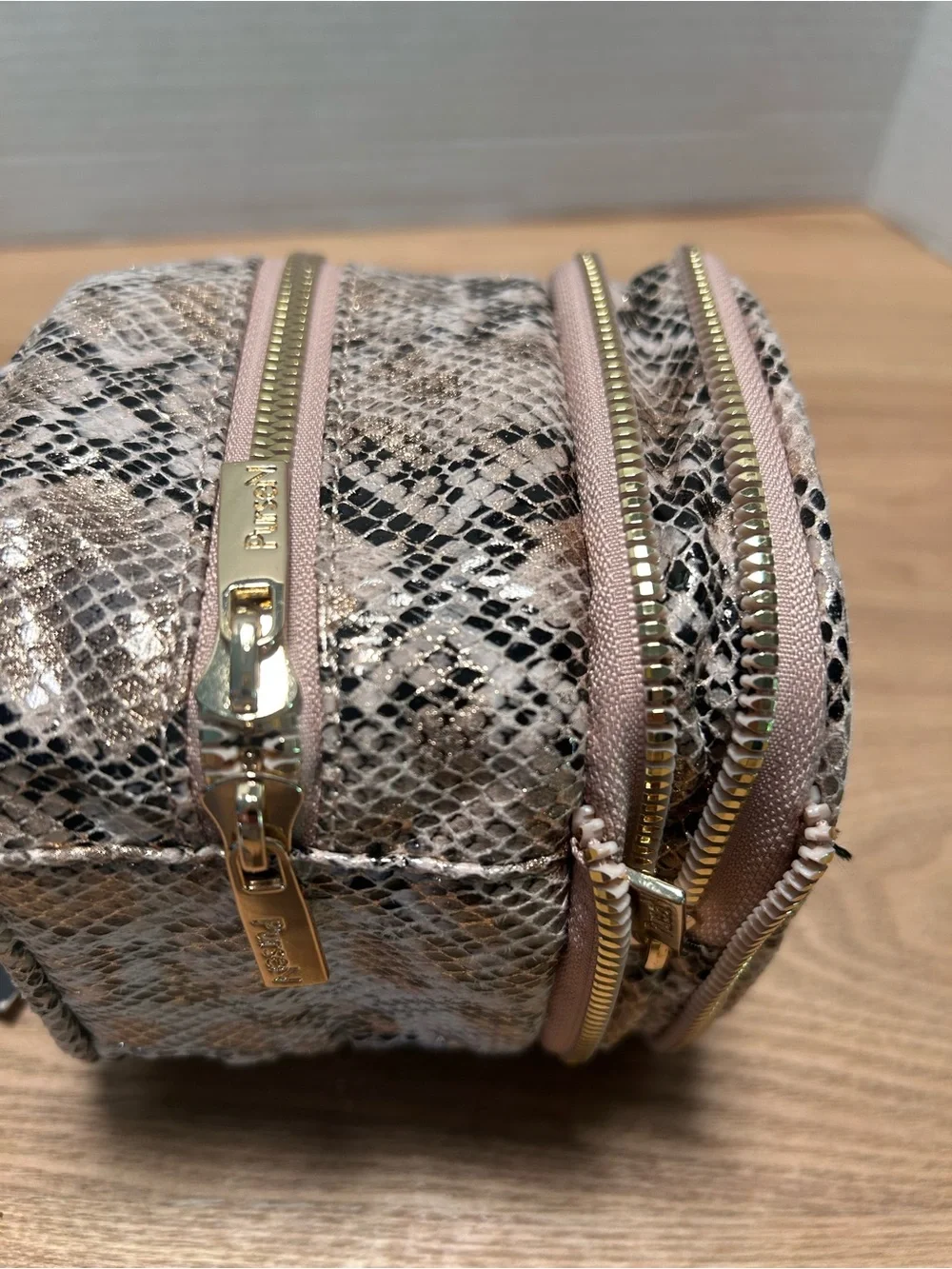 PurseN Snake-Print Cosmetic Case in Brown and Beige with Gold Accents